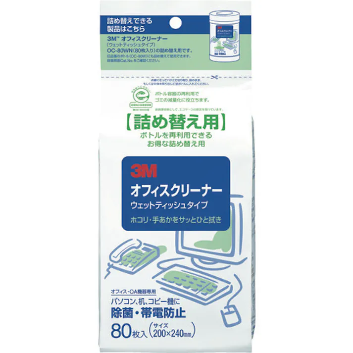 【CAINZ-DASH】スリーエム ジャパン文具・オフィス事業部 オフィスクリーナー(ウェットティッシュタイプ) 詰替用 80枚入り OC-80WRN【別送品】