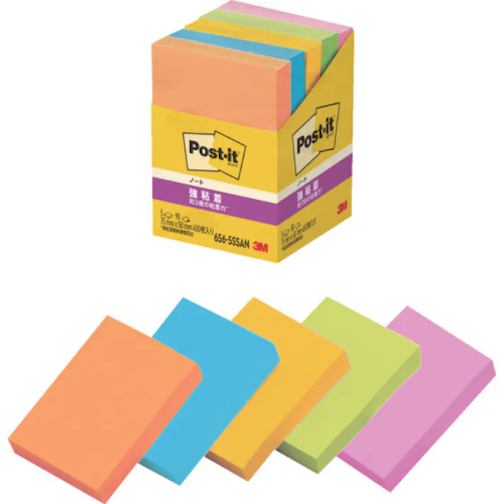 【CAINZ-DASH】スリーエム ジャパン文具・オフィス事業部 ポスト・イット 強粘着 75X50mm 90枚X5パッド 5色混色 656-5SSAN【別送品】