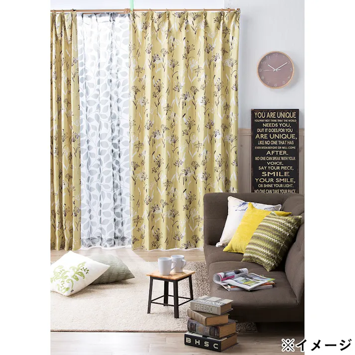 遮光性カーテン フィオーリ イエロー 150×230cm 2枚組