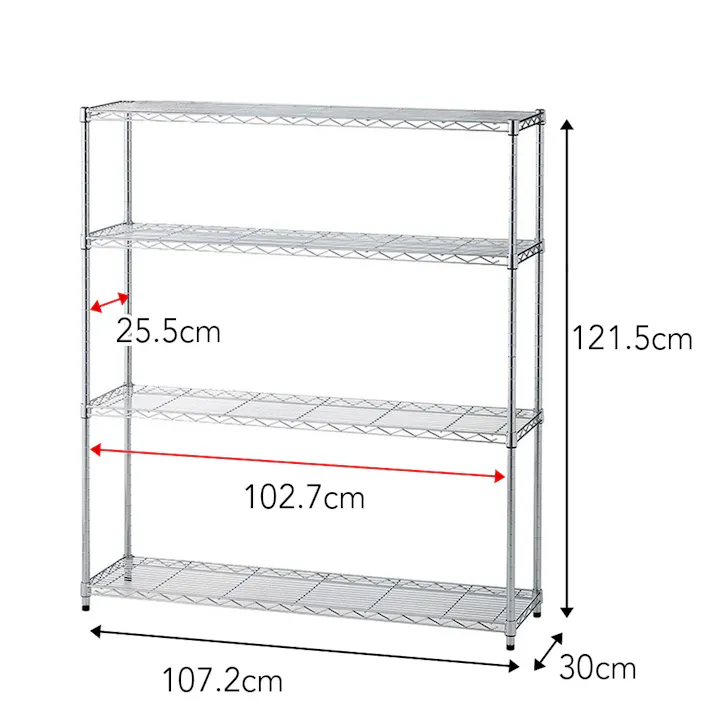 インテリアシェルフ 幅107 4段 ポール径19mm M11