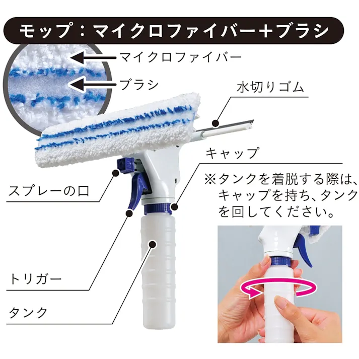 スプレー付き窓ガラスワイパー