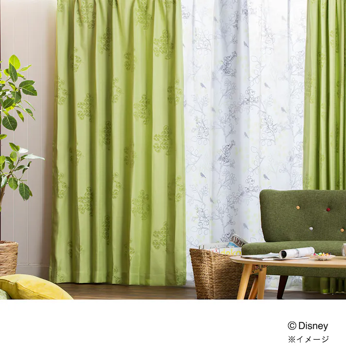 ディズニー カーテン ミッキーマウス グリーン 100×230cm 2枚組 洗濯OK 形状記憶 遮光99.40% 裏地付き タッセル付き【別送品】