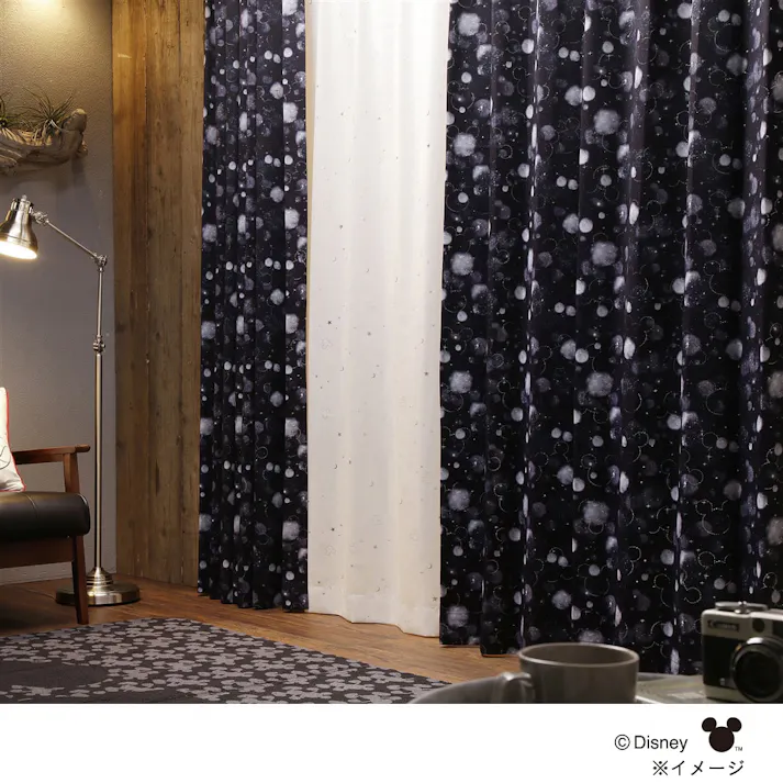 ディズニー レースカーテン ミッキーマウス ブラック 100×108cm 2枚組 洗濯OK【別送品】