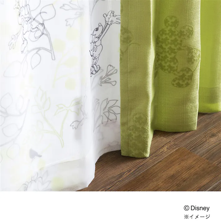 ディズニー レースカーテン ミッキーマウス グリーン 100×108cm 2枚組 洗濯OK UVカット92.6% ミラー加工【別送品】