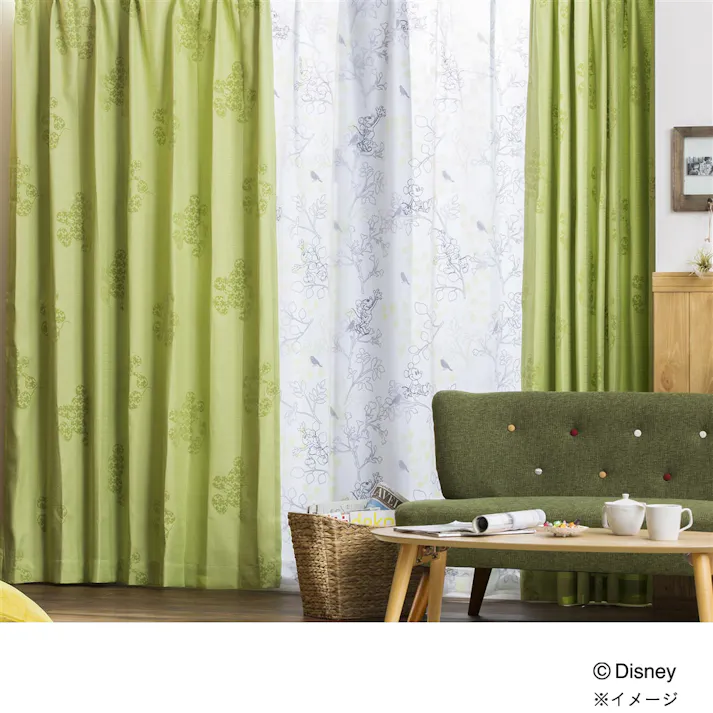 ディズニー レースカーテン ミッキーマウス グリーン 100×208cm 2枚組 洗濯OK UVカット92.6% ミラー加工【別送品】
