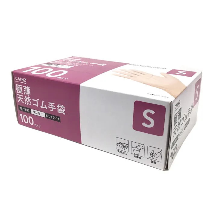 カインズ 極薄天然ゴム手袋 粉付 S 100枚 TGP100S