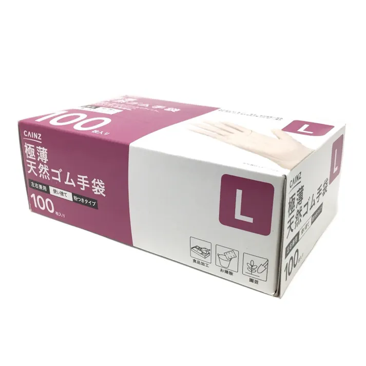 極薄天然ゴム手袋 粉付 L 100枚 TGP100L
