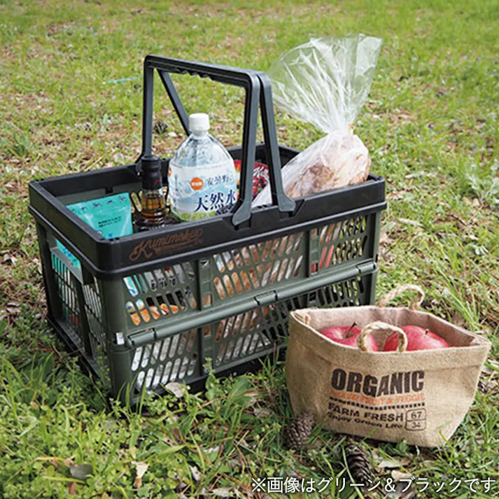 Kumimoku 取っ手付き折りたたみコンテナ L グリーン&ブラック 幅31cm 奥行44.2cm 高さ25.3cm