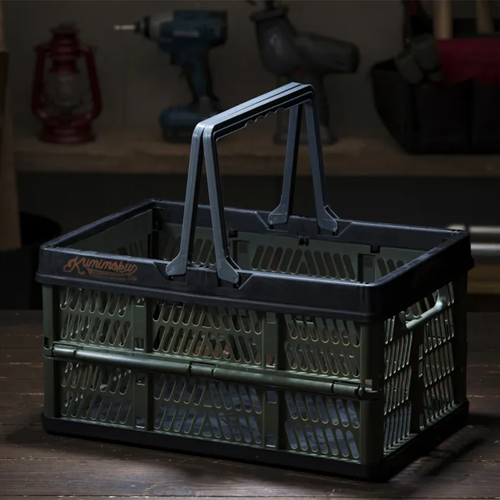 Kumimoku 取っ手付き折りたたみコンテナ M グリーン&ブラック 幅25cm 奥行38cm 高さ20.5cm