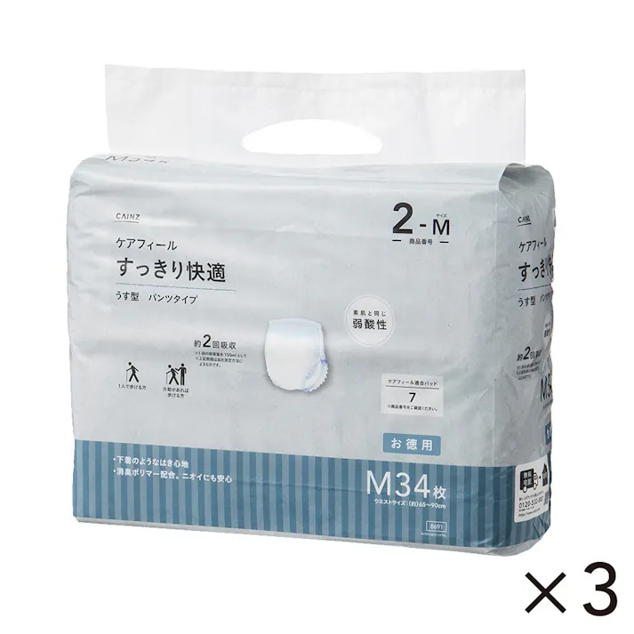【ケース販売】CAINZ ケアフィール すっきり快適 うす型 パンツタイプ M お徳用 102枚(34枚×3個)