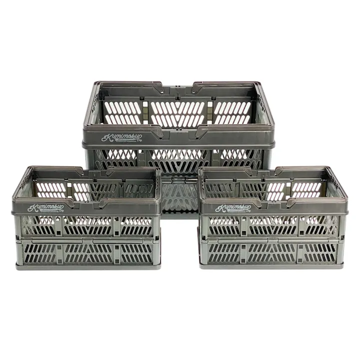 Kumimoku 取っ手付き折りたたみコンテナ 3個セット ブラック L:幅31cm奥行44.2cm高さ25.3cm S:幅20cm奥行30cm高さ16cm