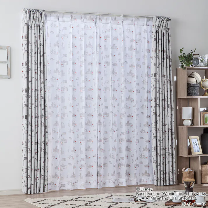 ディズニー レースカーテン くまのプーさん ロンドン 100×198cm 2枚組 洗濯OK【別送品】