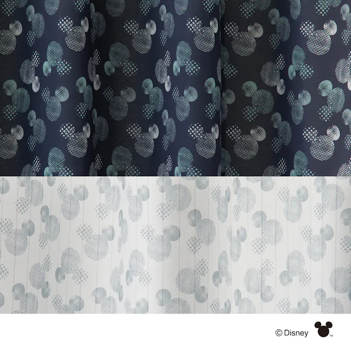 ディズニー 4枚組セットカーテン ミッキーマウス/ドット ネイビー 100×178cm 洗濯OK 形状記憶 遮光99.56% タッセル付 遮像レース