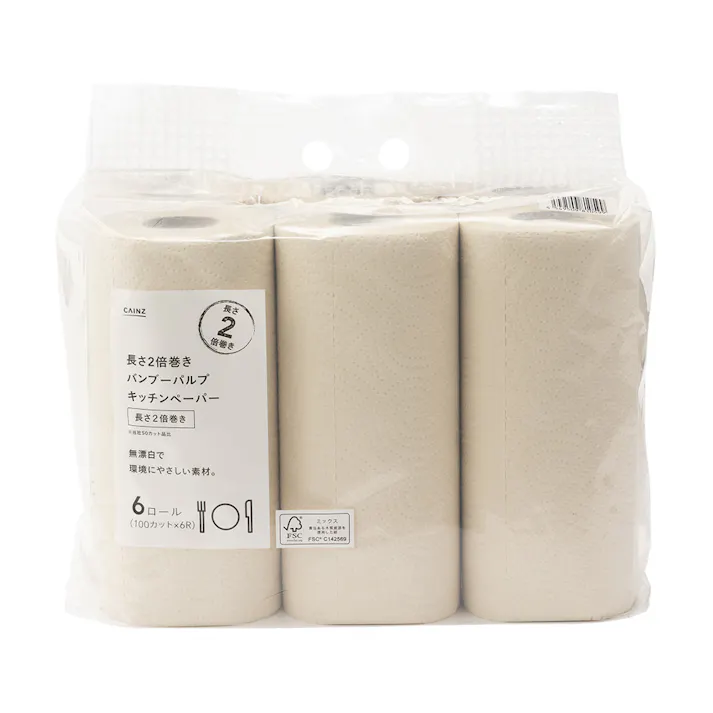 カインズ 長さ2倍巻き バンブーパルプ キッチンペーパー 100カット×6ロール