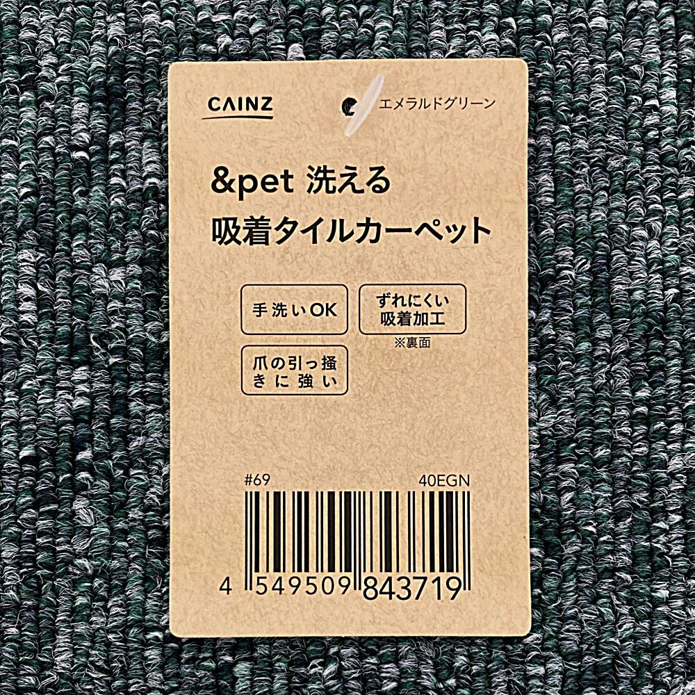 ＆Pet 洗える吸着タイルカーペット エメラルドグリーン 40×40cm | ラグ