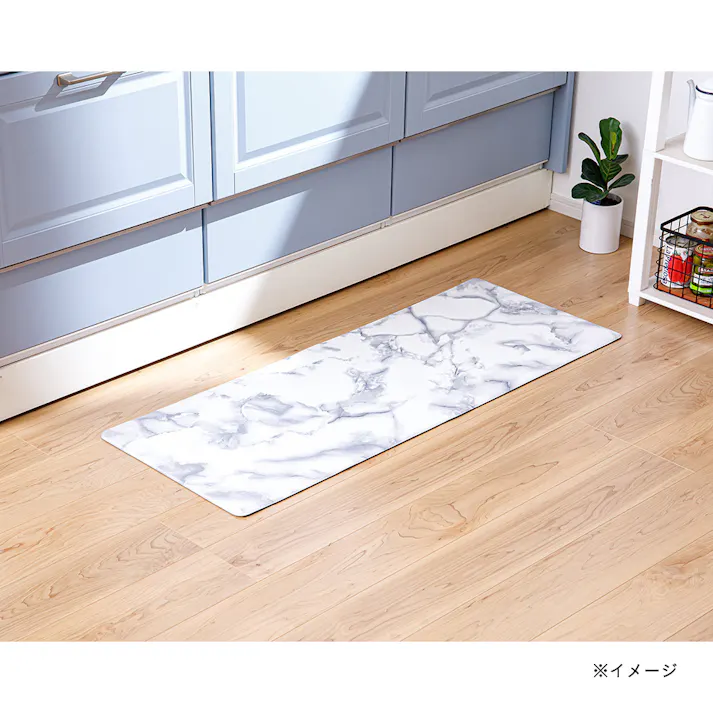 ずれにくい 防炎抗菌 拭ける 吸着キッチンマット マーブルホワイト 45×150cm