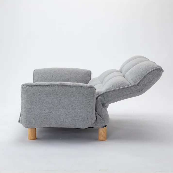 ヘッドレスト付き リクライニングソファ グレー 幅116~160cm 奥行63~103cm 高さ55~77cm ハイバック 肘掛け付き 木脚付き 2人掛けソファ