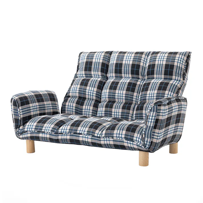 ヘッドレスト付き リクライニングソファ チェック 幅116~160cm 奥行63~103cm 高さ55~77cm ハイバック 肘掛け付き 木脚付き