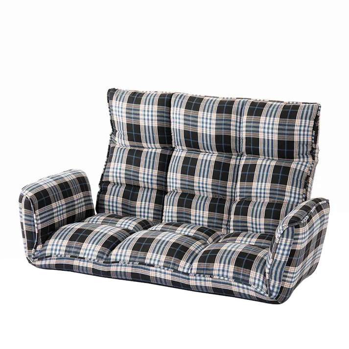 ヘッドレスト付き リクライニングソファ チェック 幅116~160cm 奥行63~103cm 高さ55~77cm ハイバック 肘掛け付き 木脚付き