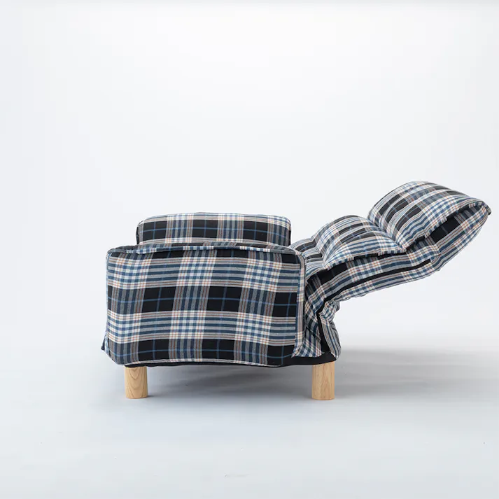ヘッドレスト付き リクライニングソファ チェック 幅116~160cm 奥行63~103cm 高さ55~77cm ハイバック 肘掛け付き 木脚付き