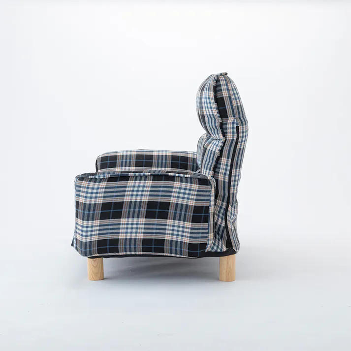 ヘッドレスト付き リクライニングソファ チェック 幅116~160cm 奥行63~103cm 高さ55~77cm ハイバック 肘掛け付き 木脚付き