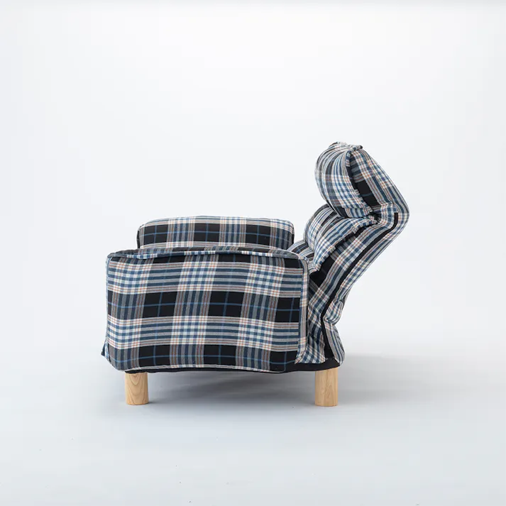 ヘッドレスト付き リクライニングソファ チェック 幅116~160cm 奥行63~103cm 高さ55~77cm ハイバック 肘掛け付き 木脚付き