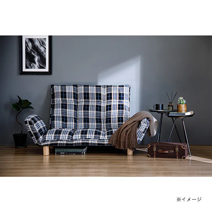 ヘッドレスト付き リクライニングソファ チェック 幅116~160cm 奥行63~103cm 高さ55~77cm ハイバック 肘掛け付き 木脚付き