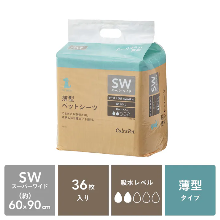 【ケース販売】カインズ 薄型ペットシーツ スーパーワイド 36枚×4個入 犬用 中型犬約1~2回分おしっこ吸収 圧縮コンパクト包装