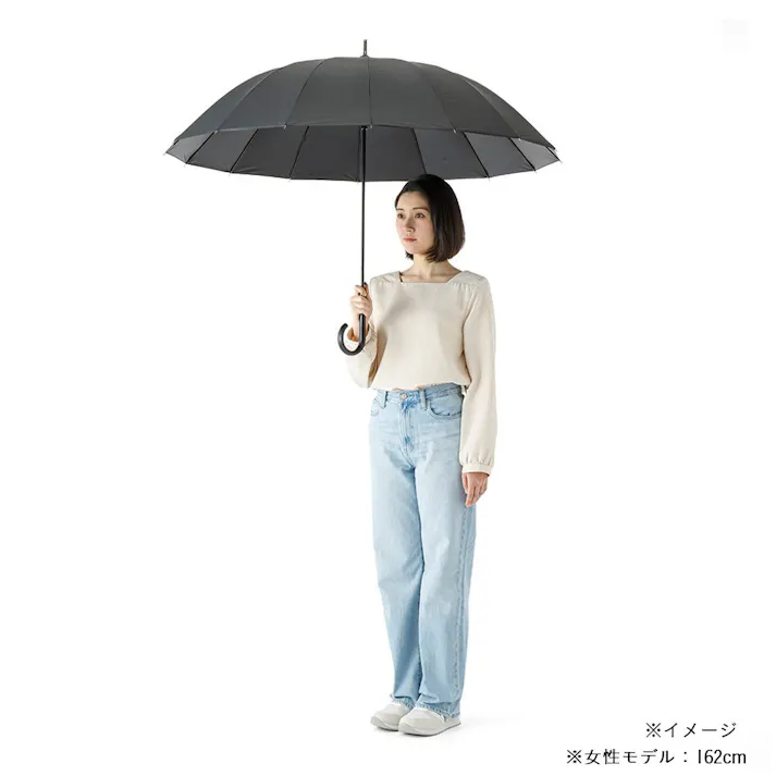 日差しも紫外線も雨も遮れる16本骨長傘 65cm ブラック