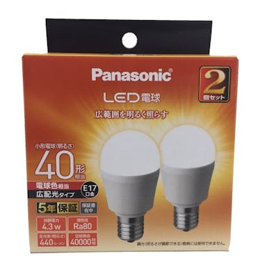 パナソニック LED電球 小型電球タイプ 広配光タイプ 4.3W 2個セット(電球色相当) LDA4LGE17ESW2T(販売終了)