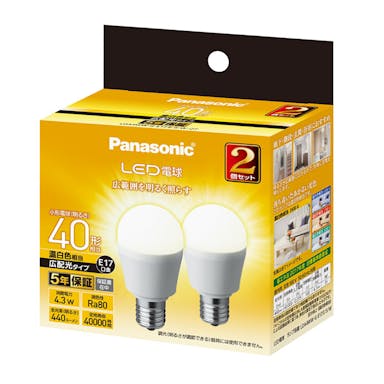 パナソニック LED電球 温白色相当 広配色タイプ 2個セット 40形相当 LDA4WWGE17ESW2T(販売終了)