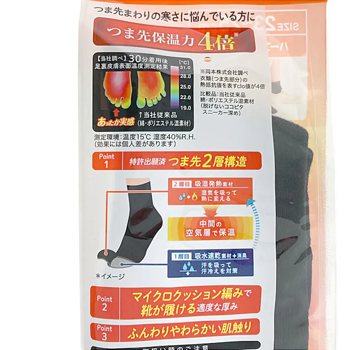 婦人 ココピタ あったか実感 ハーフ 無地 ブラック 23-25cm