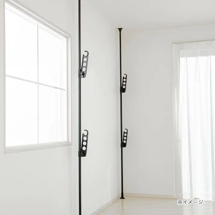 省スペースでもたくさん干せる突っ張り室内物干し竿受け2段 ブラック