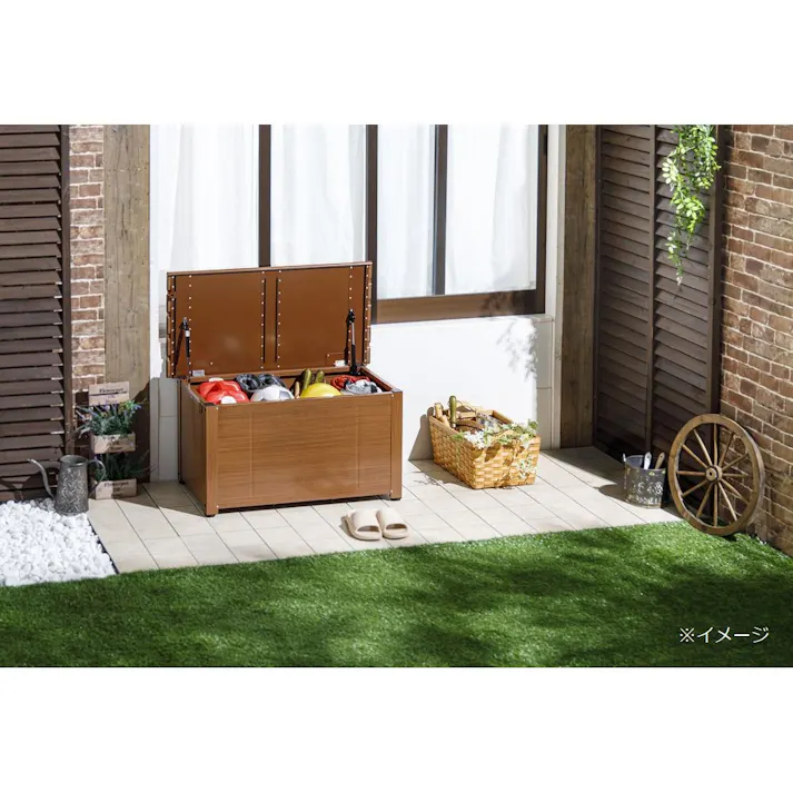 カインズ 静かに開閉できるアルミ収納ベンチ 木目調 幅90cm 奥行45cm 高さ48cm 縁台 屋外収納