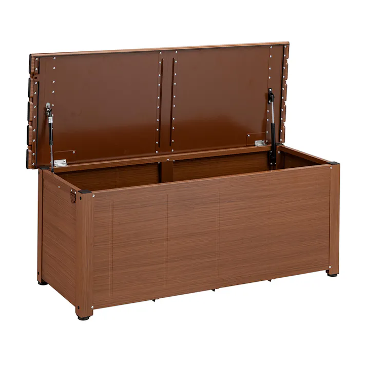 カインズ オリジナル 静かに開閉できるアルミ収納ベンチ 木目調 幅120cm 奥行45cm 高さ48cm 縁台 屋外収納