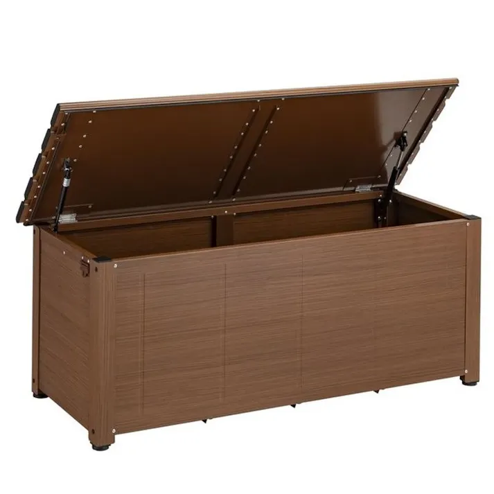 カインズ オリジナル 静かに開閉できるアルミ収納ベンチ 木目調 幅120cm 奥行45cm 高さ48cm 縁台 屋外収納