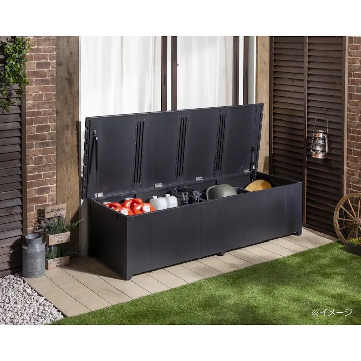 カインズ オリジナル 静かに開閉アルミ収納ベンチ 奥行ワイド ブラック 幅180cm 奥行64.4cm 高さ48.6cm 縁台 屋外収納【SU】