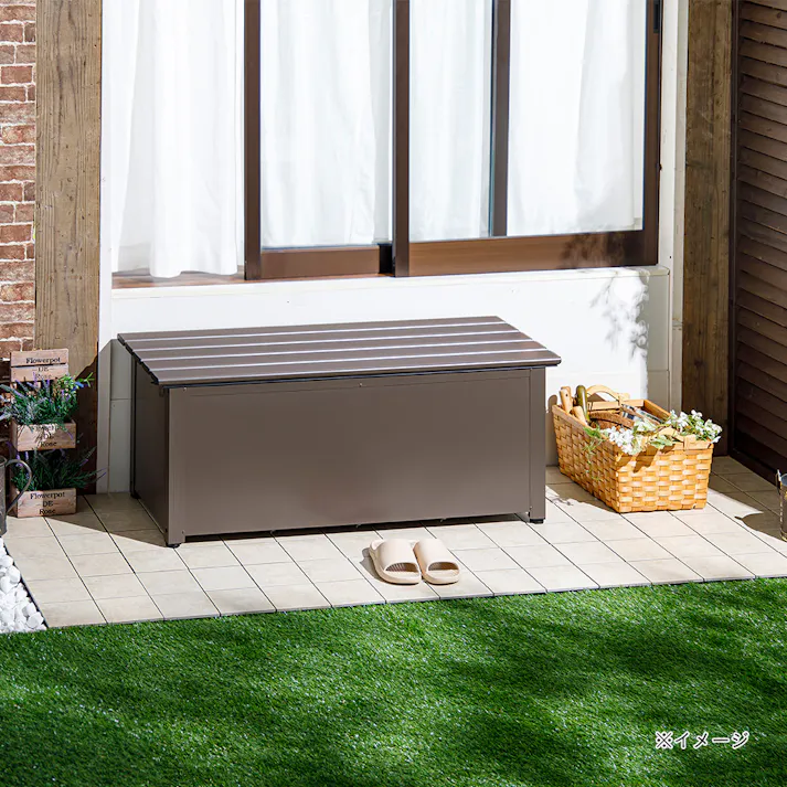 カインズ オリジナル 静かに開閉できるスチール収納ベンチ ブラウン 幅120cm 奥行45cm 高さ48cm 縁台 屋外収納