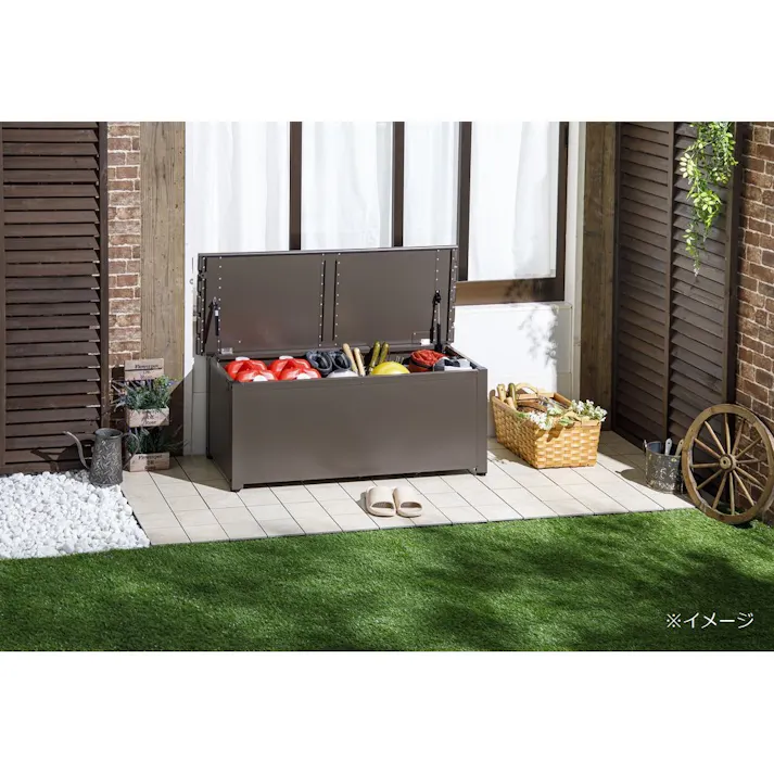 カインズ オリジナル 静かに開閉できるスチール収納ベンチ ブラウン 幅120cm 奥行45cm 高さ48cm 縁台 屋外収納