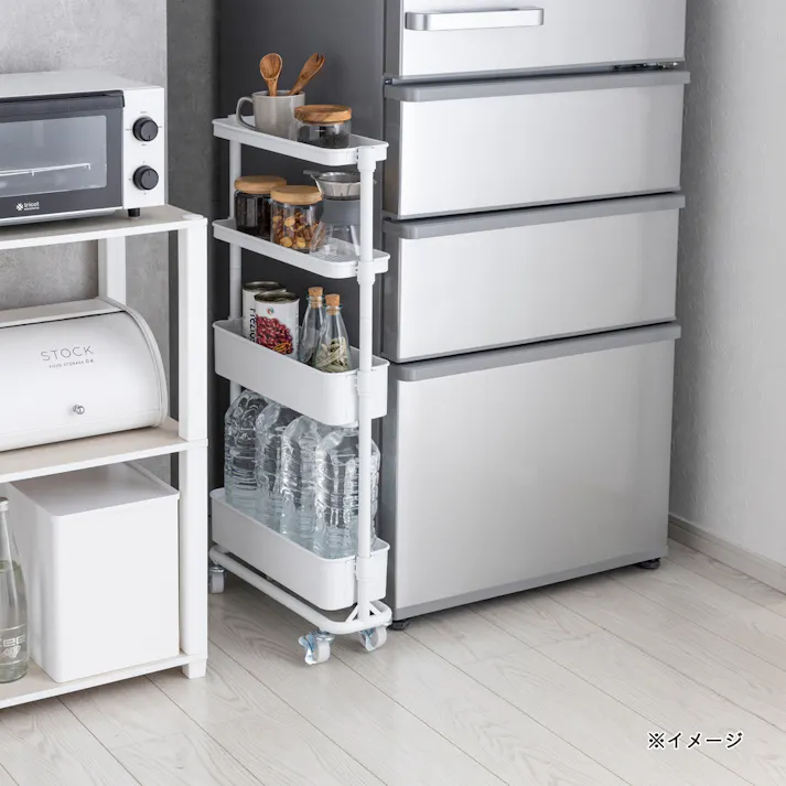 高さ調整できるスチールワゴン 4段 スリム ホワイト J31