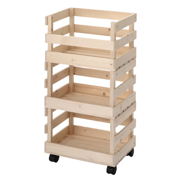 キャスター付き木製積重ねバスケット3段