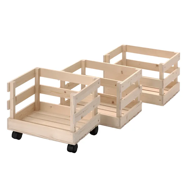 キャスター付き木製積重ねバスケット3段