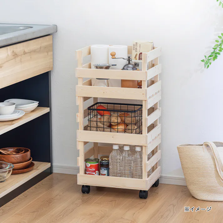 キャスター付き木製積重ねバスケット3段