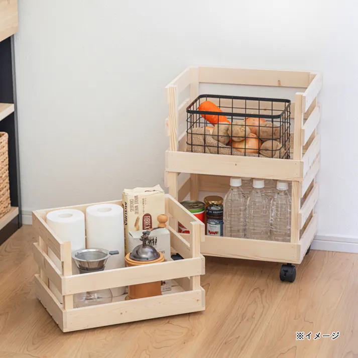 キャスター付き木製積重ねバスケット3段
