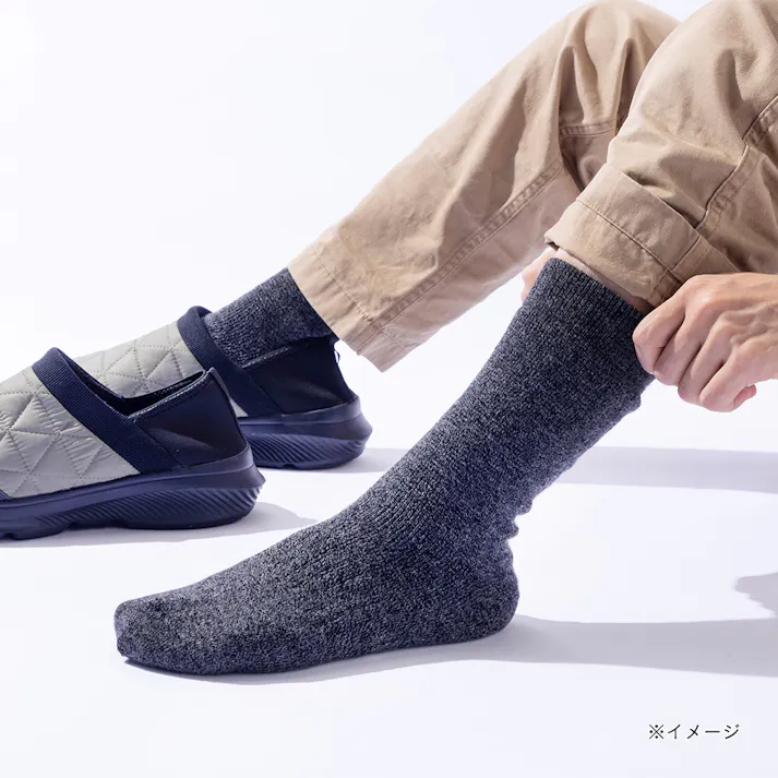 カインズ メリノウール靴下 保湿 保温 内側総パイル クルー丈 杢ブラック 25.0-27.0cm