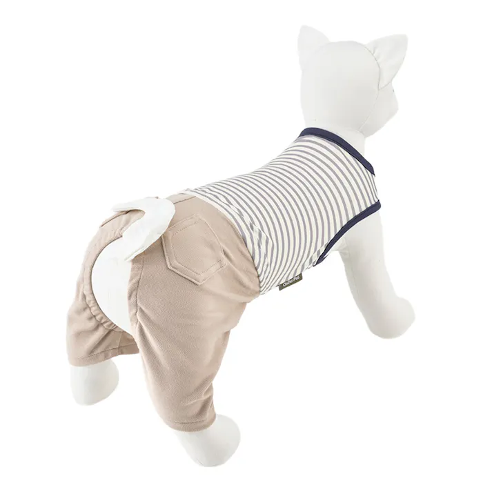 【送料無料】ズボン付ボーダーカットソー ブルー Lサイズ ペット服(犬の服)