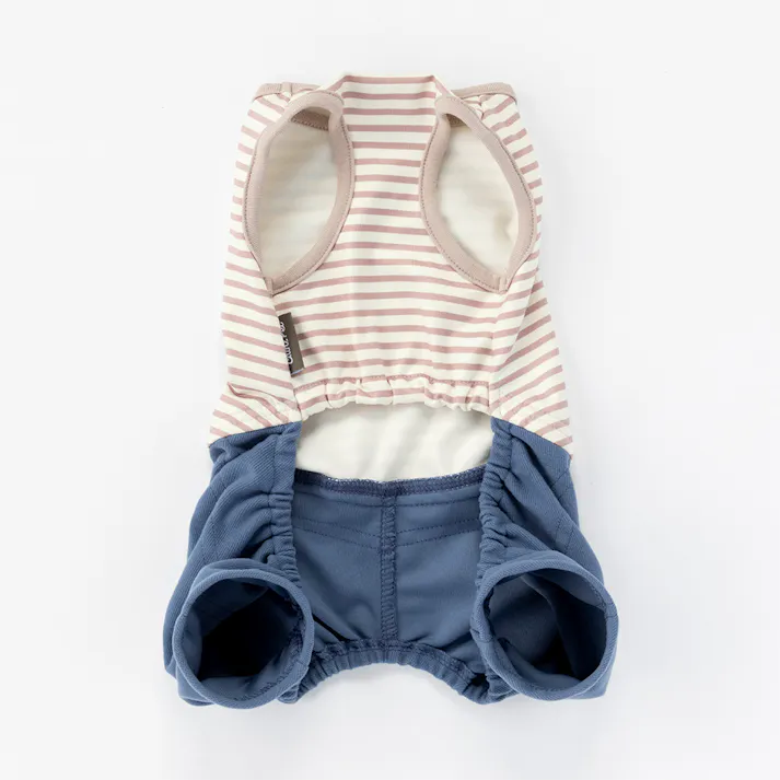 【送料無料】ズボン付ボーダーカットソー ベージュ Mサイズ ペット服(犬の服)