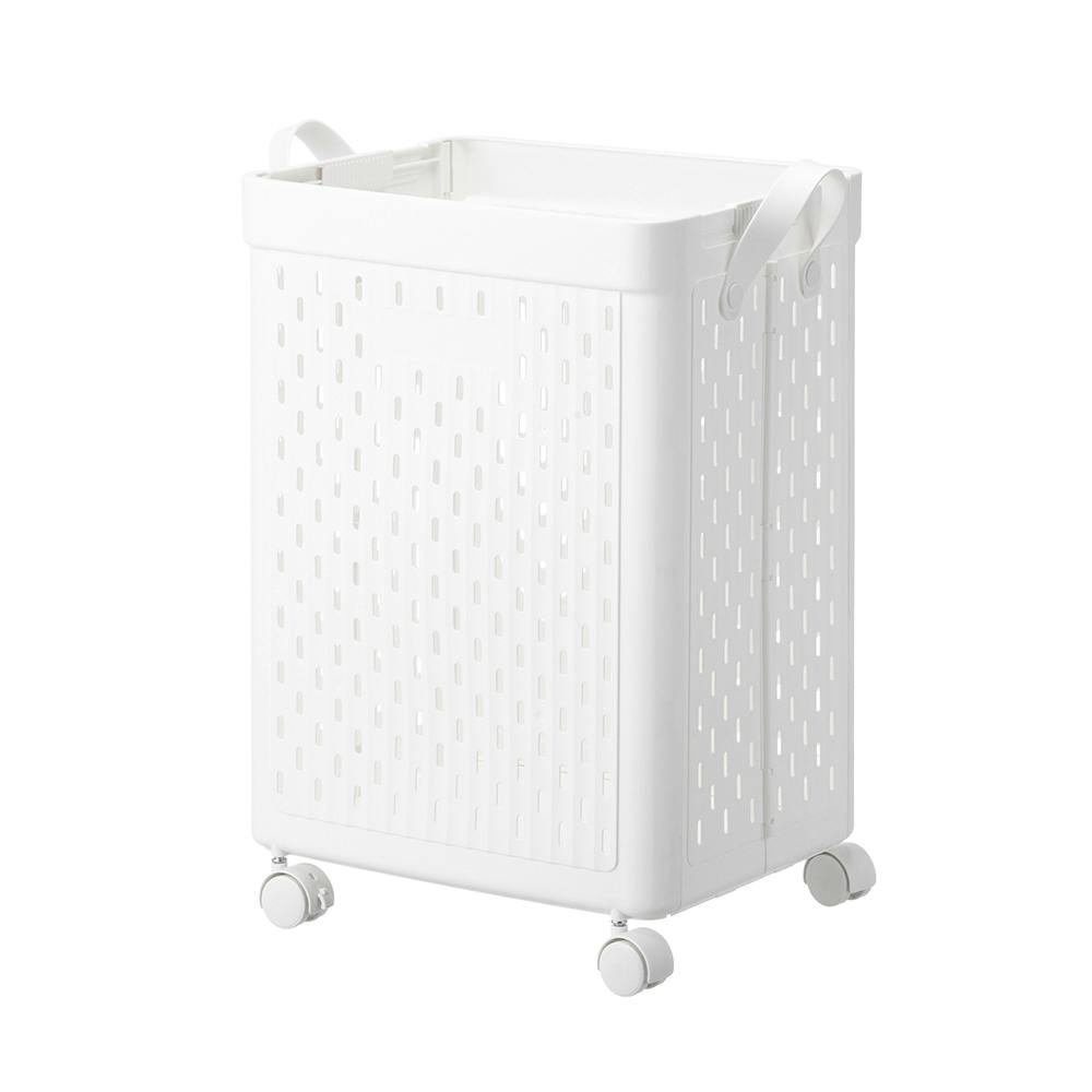 折りたためるキャスター付 ランドリーバスケット ホワイト 幅37cm 奥行31cm 高さ55cm