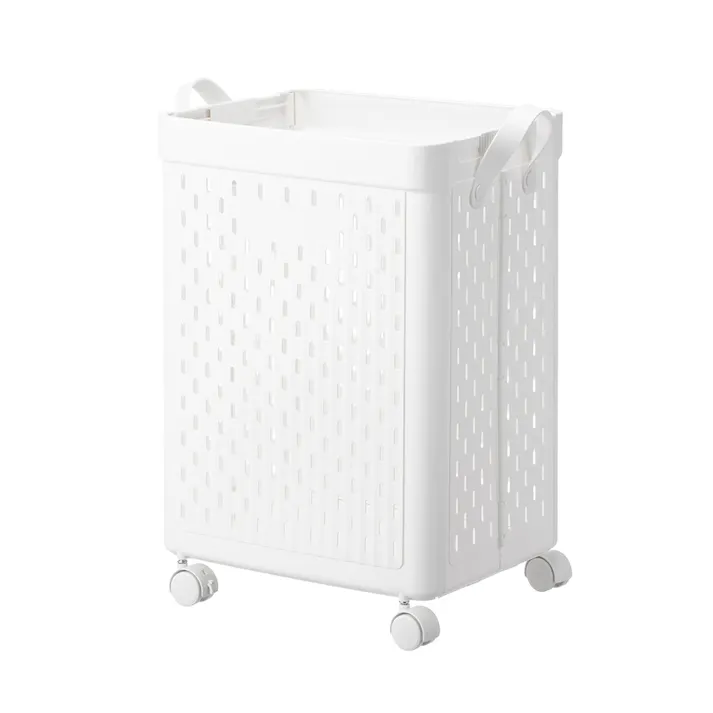 折りたためるキャスター付 ランドリーバスケット ホワイト 幅37cm 奥行31cm 高さ55cm