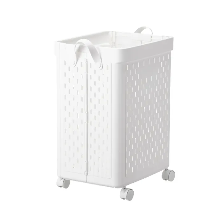 折りたためるキャスター付 ランドリーバスケット ホワイト 幅37cm 奥行31cm 高さ55cm